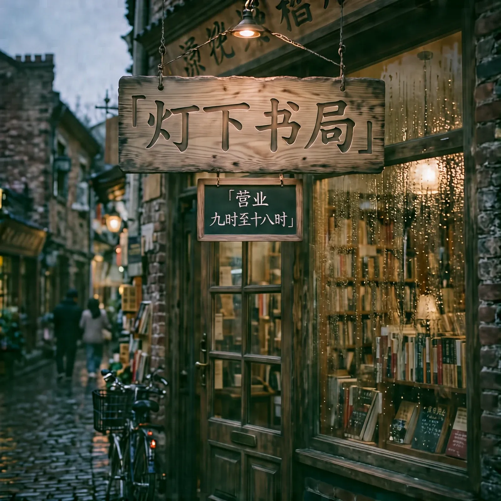 旧书店橱窗，门楣木牌上刻着灯下书局四个烫金楷体字，下方小黑板写着营业 九时至十八时