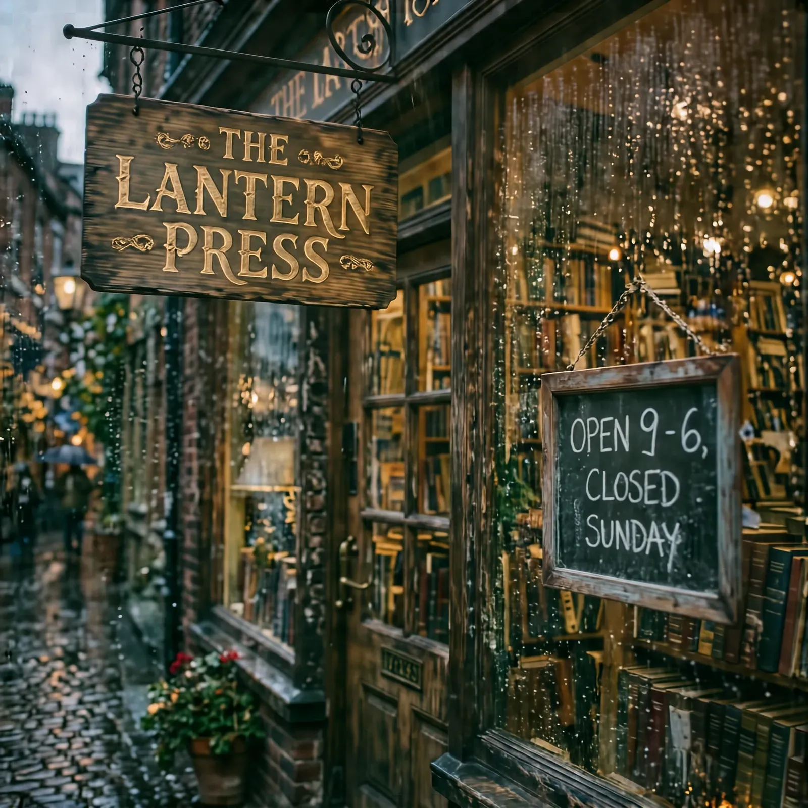 旧书店门口，木招牌上是 THE LANTERN PRESS，旁边小黑板用粉笔写着 OPEN 9-6, CLOSED SUNDAY