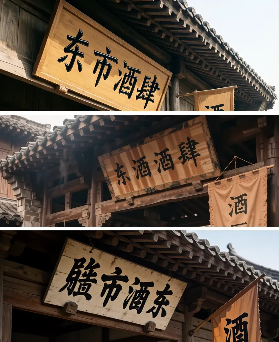 三块木匾竖排对比，第一块写着东市酒肆四字正确，第二块把第二字写成酒变成东酒酒肆，第三块字序全乱写成膳市酒东
